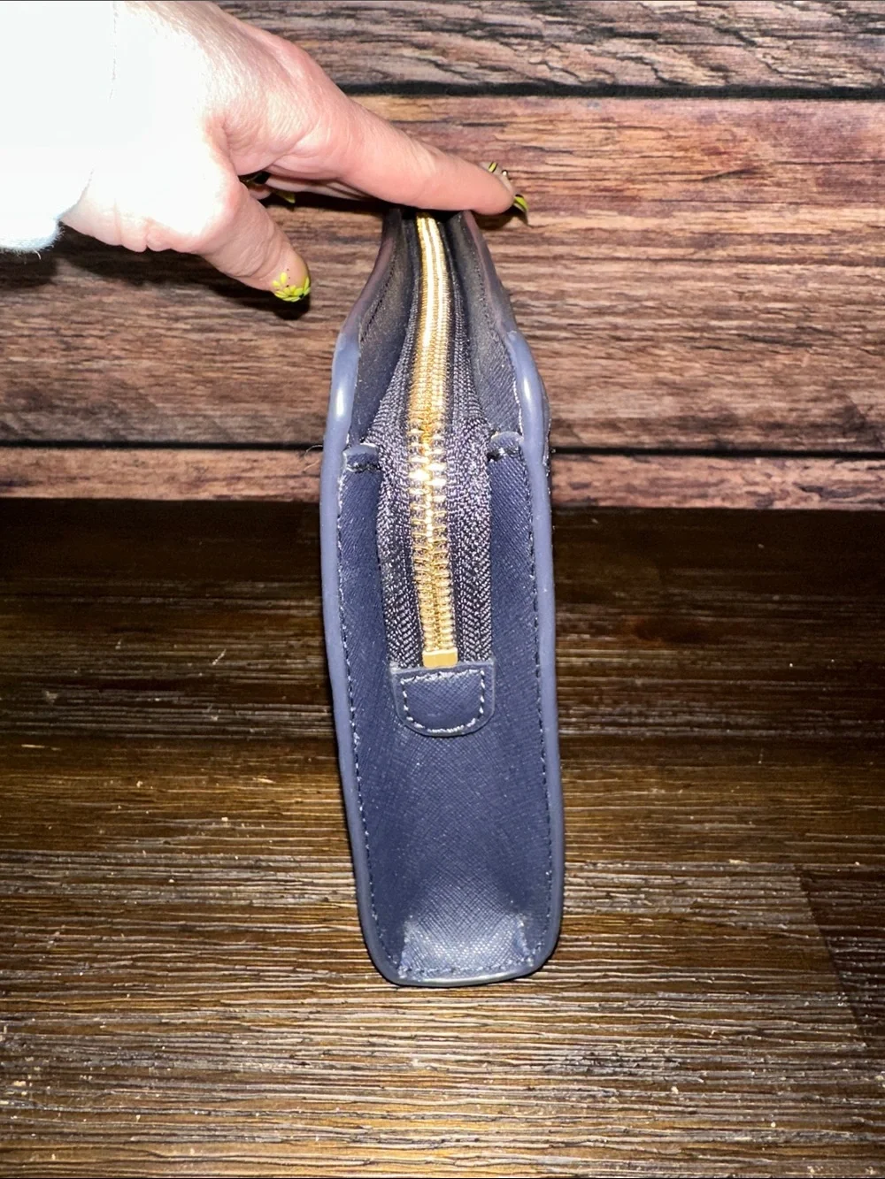 Michael Kors Navy Saffiano Zip-Around Clutch with Gold Logo